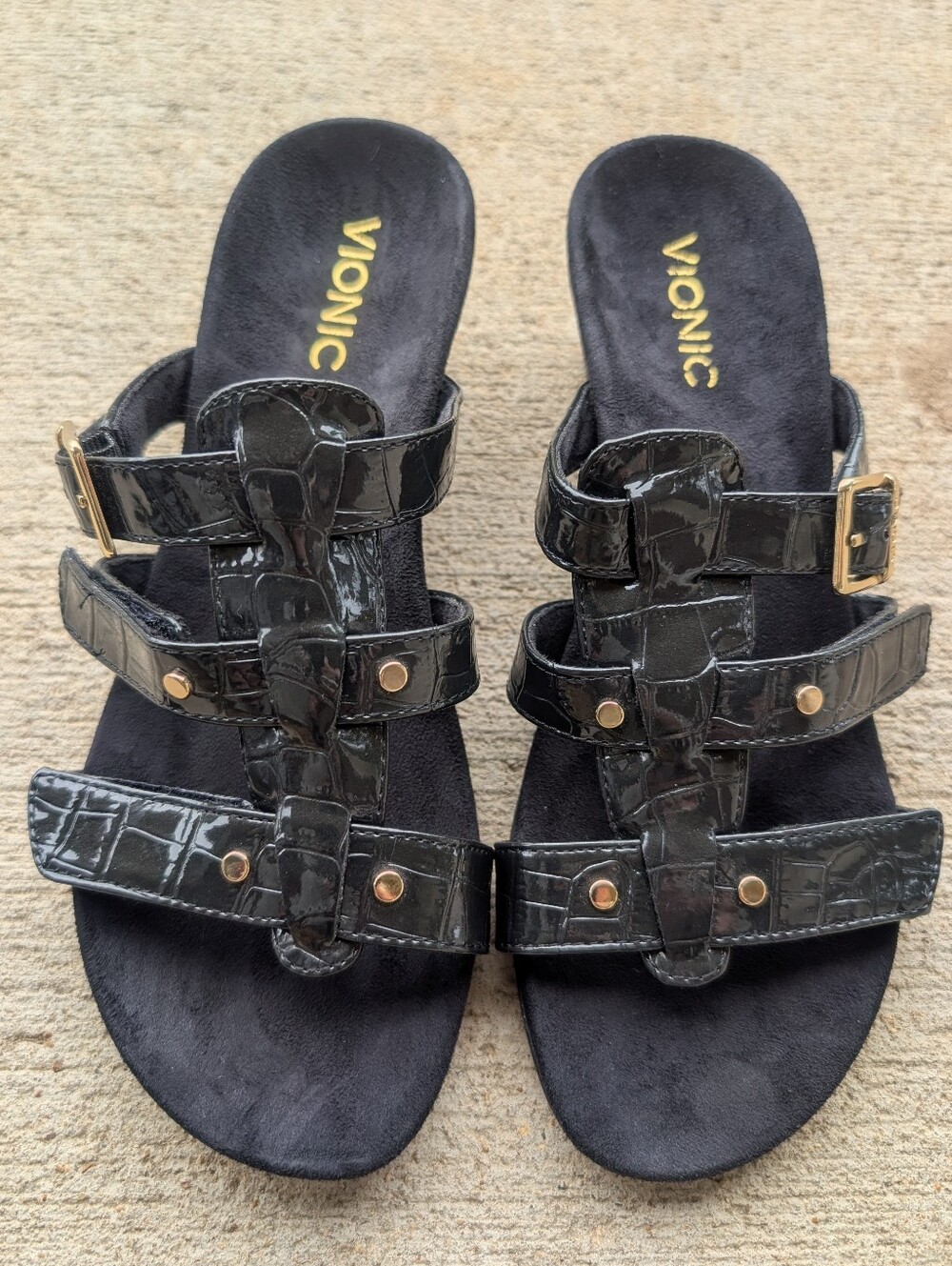 Vionic Radia Sandals Black Patent Leather Womens Size 7 Adjustable 3 Strap Wedge